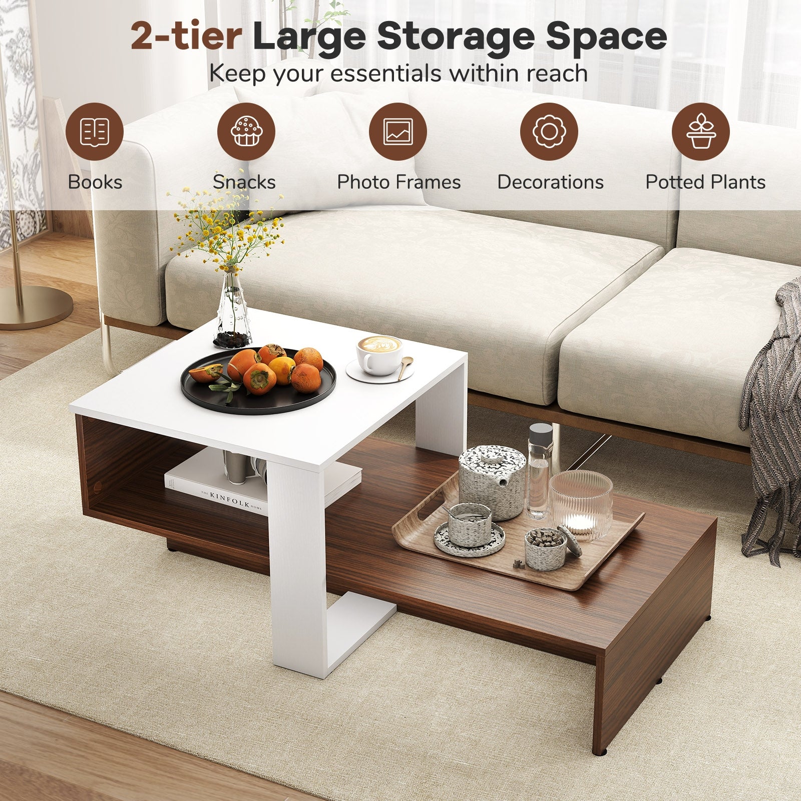 2-Tier Geometric Coffee Table, Storage Shelves, And Brown, White Coffee Tables at Gallery Canada