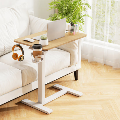 Mobile Standing Desk Height Adjustable Overbed Bedside Table with Cup Holder, Natural End & Side Tables at Gallery Canada