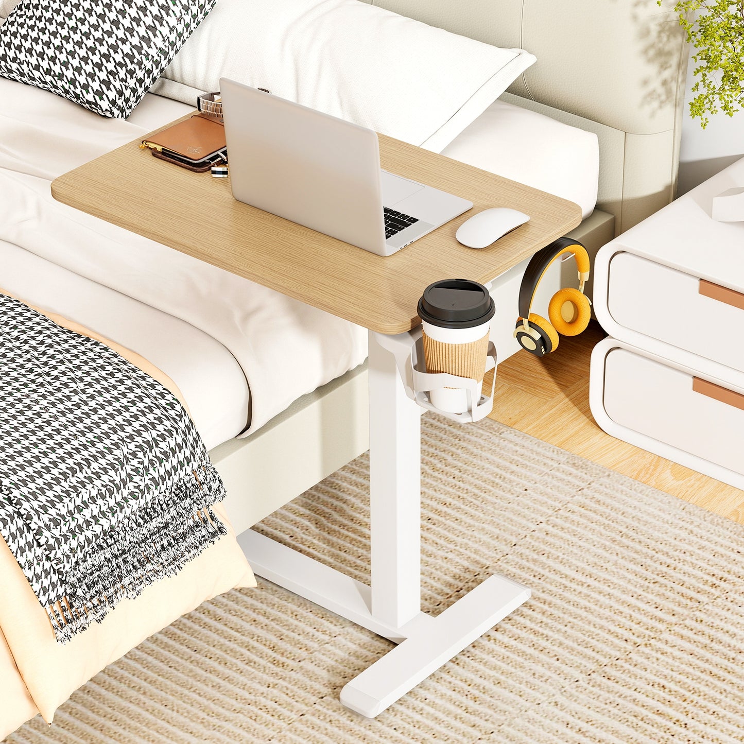 Mobile Standing Desk Height Adjustable Overbed Bedside Table with Cup Holder, Natural End & Side Tables at Gallery Canada