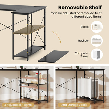 L-shaped 47 Inch Reversible Corner Desk with Adjustable Storage Shelves, Black L-Shaped Desks at Gallery Canada