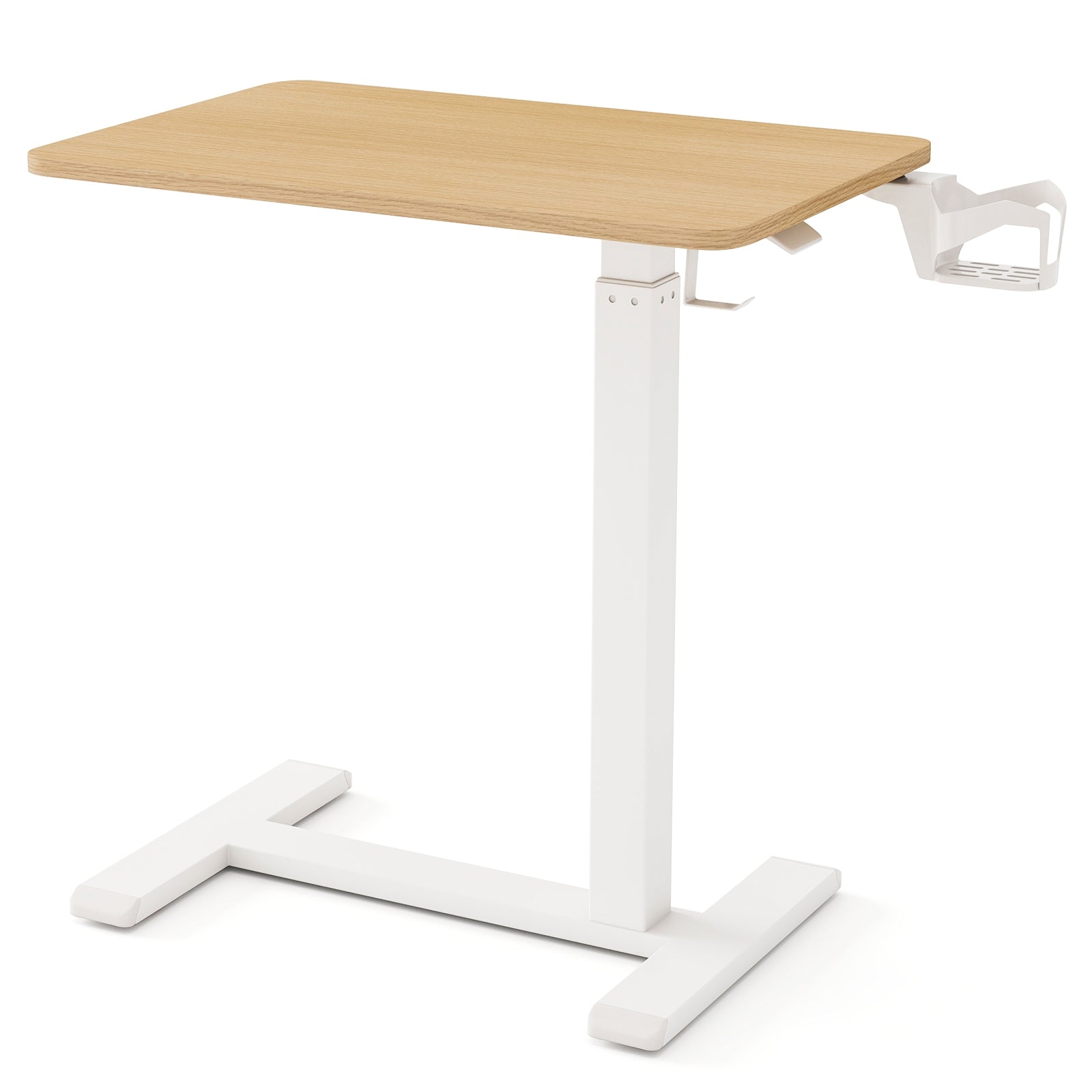 Mobile Standing Desk Height Adjustable Overbed Bedside Table with Cup Holder, Natural End & Side Tables at Gallery Canada
