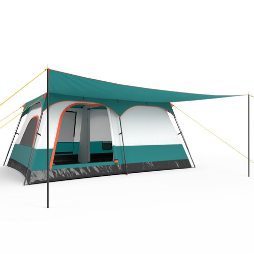 8-10 Person Camping Tent, Double Rooms, 2 Doors, Green