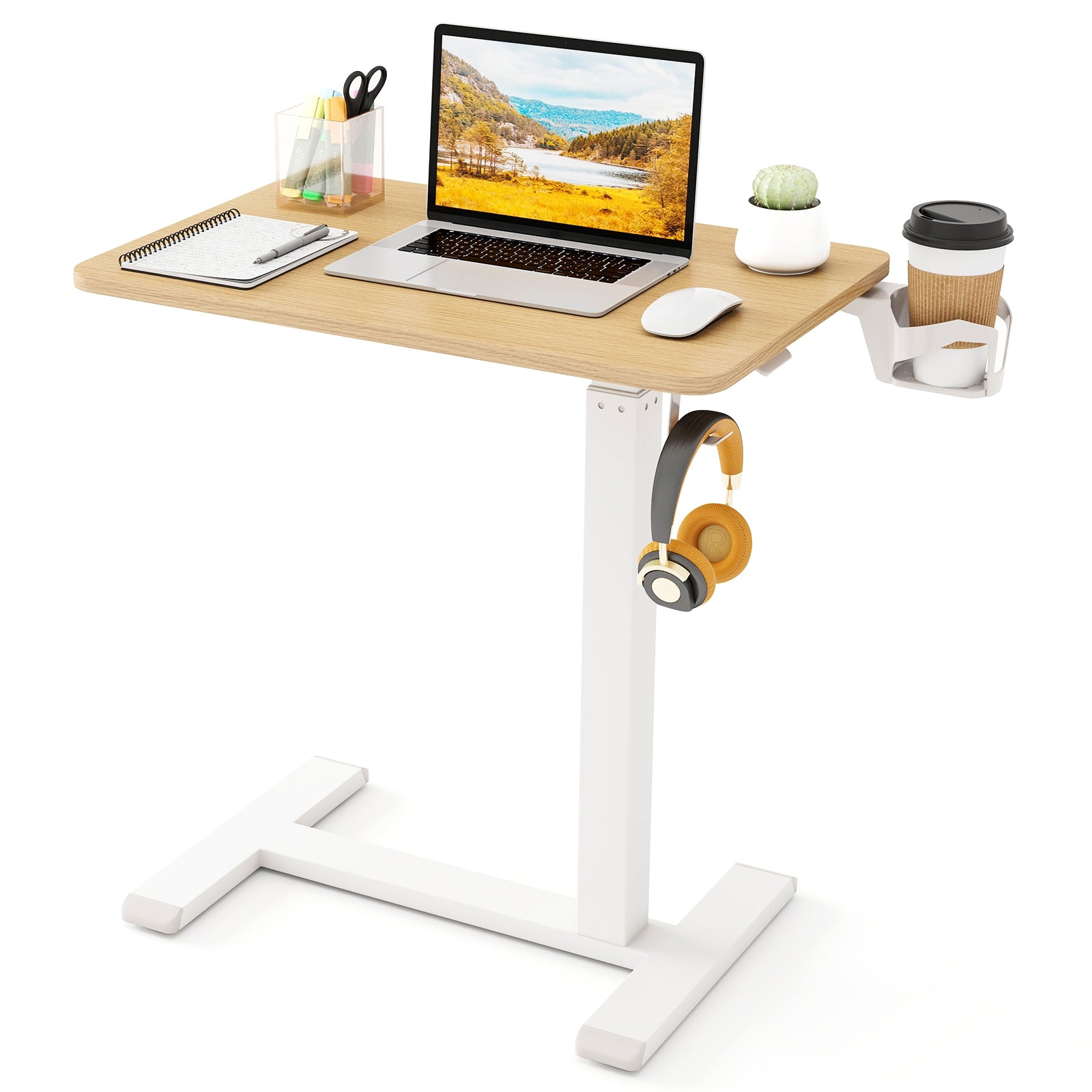 Mobile Standing Desk Height Adjustable Overbed Bedside Table with Cup Holder, Natural End & Side Tables at Gallery Canada