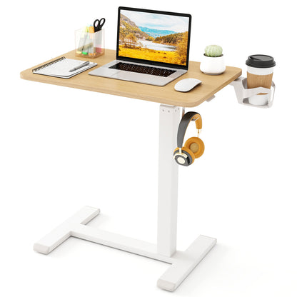 Mobile Standing Desk Height Adjustable Overbed Bedside Table with Cup Holder, Natural End & Side Tables at Gallery Canada