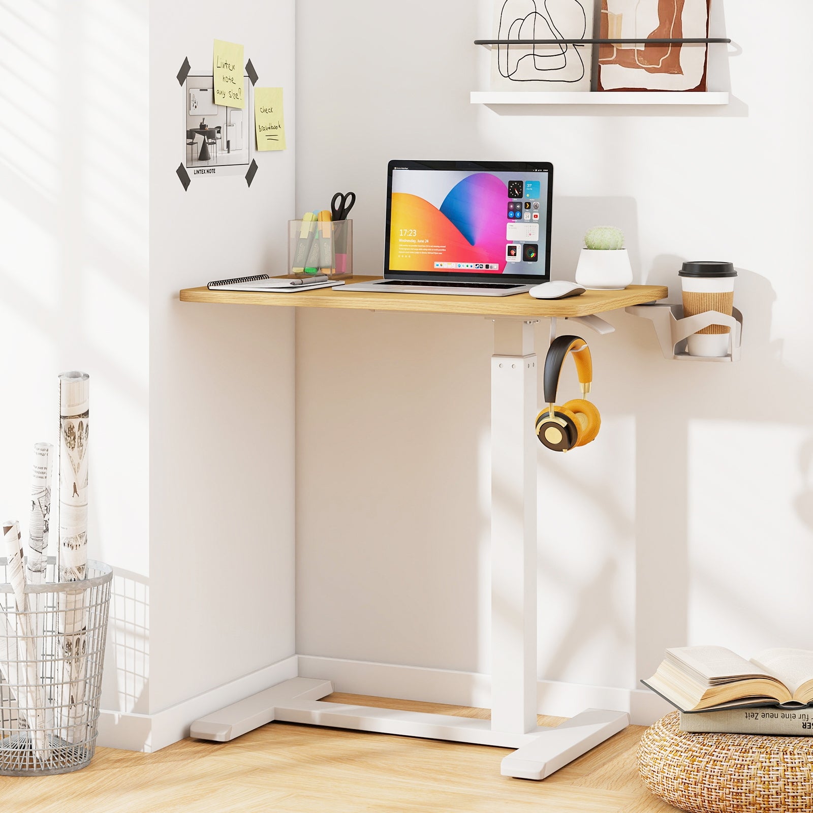 Mobile Standing Desk Height Adjustable Overbed Bedside Table with Cup Holder, Natural End & Side Tables at Gallery Canada