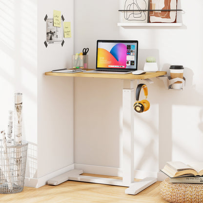 Mobile Standing Desk Height Adjustable Overbed Bedside Table with Cup Holder, Natural End & Side Tables at Gallery Canada