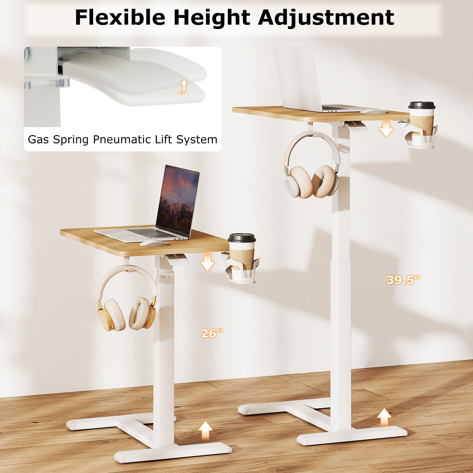 Mobile Standing Desk Height Adjustable Overbed Bedside Table with Cup Holder, Natural End & Side Tables at Gallery Canada