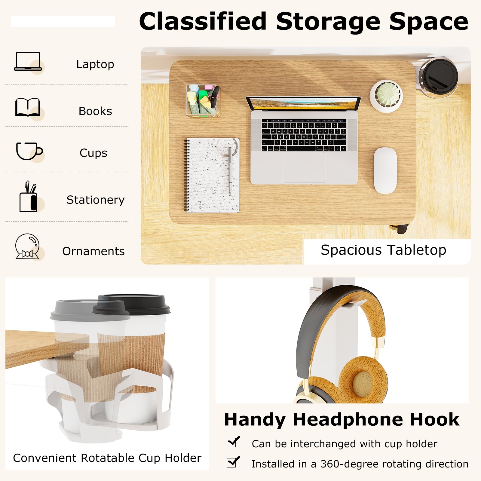 Mobile Standing Desk Height Adjustable Overbed Bedside Table with Cup Holder, Natural End & Side Tables at Gallery Canada