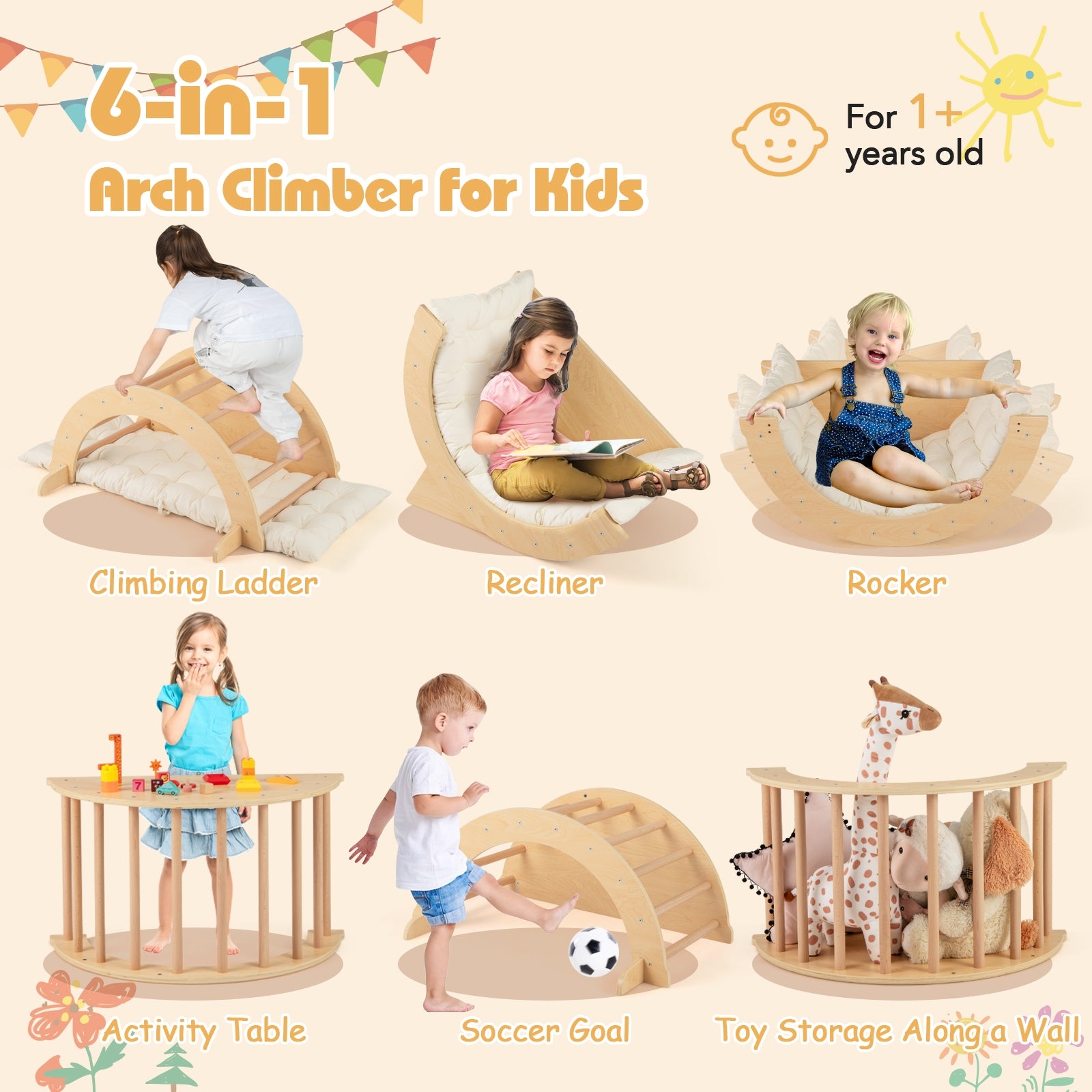 Kids Climbing Arch with Cushion Montessori Arch Climber/Rocker for Toddlers, Beige Climbers & Slides at Gallery Canada