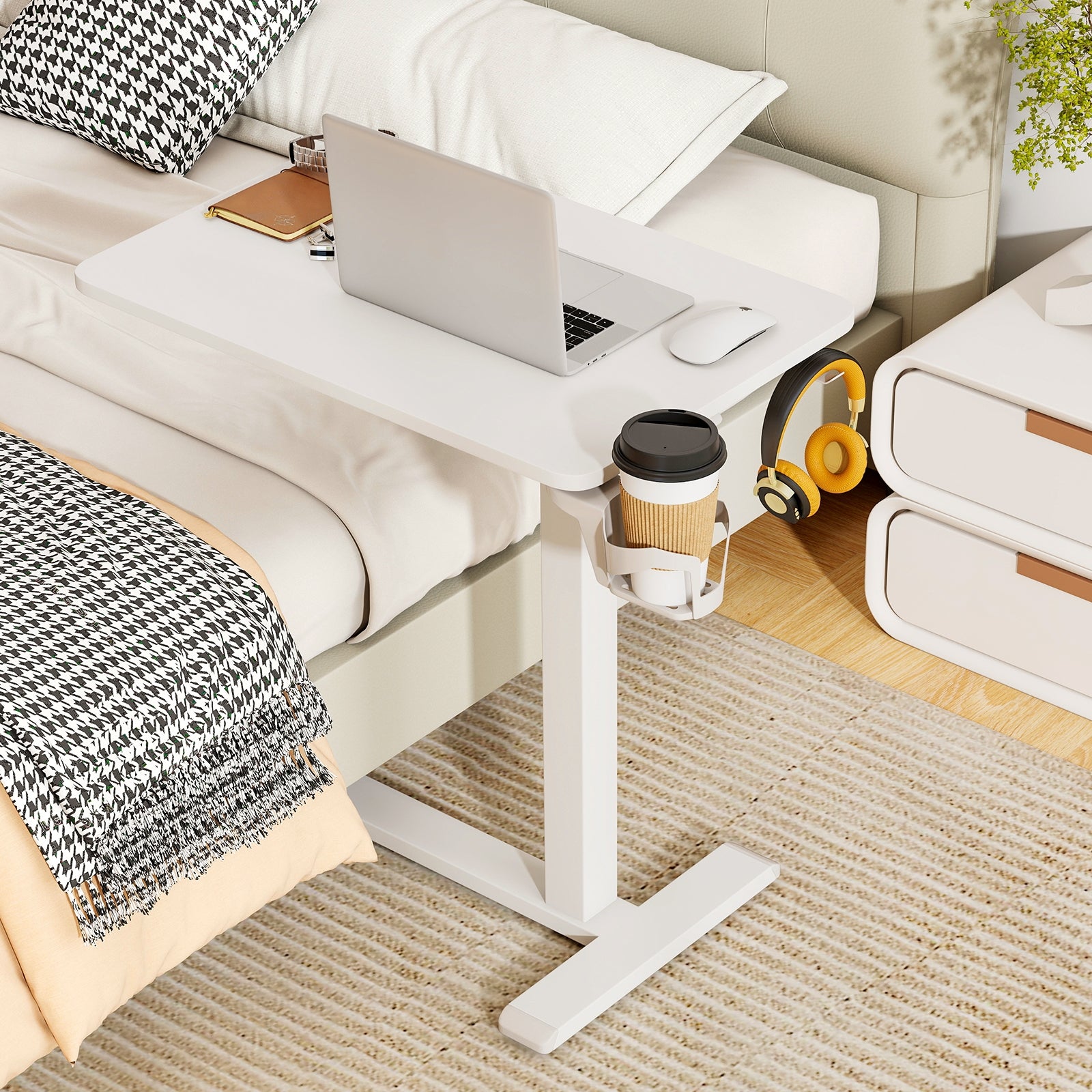 Mobile Standing Desk Height Adjustable Overbed Bedside Table with Cup Holder, White End & Side Tables at Gallery Canada