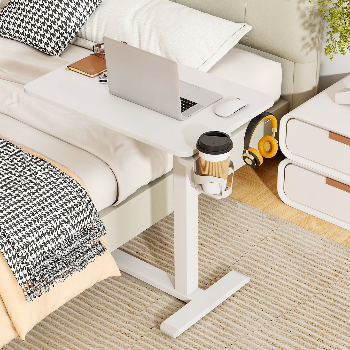 Mobile Standing Desk Height Adjustable Overbed Bedside Table with Cup Holder, White End & Side Tables at Gallery Canada