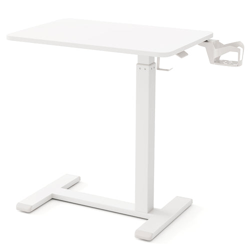 Mobile Standing Desk Height Adjustable Overbed Bedside Table with Cup Holder, White