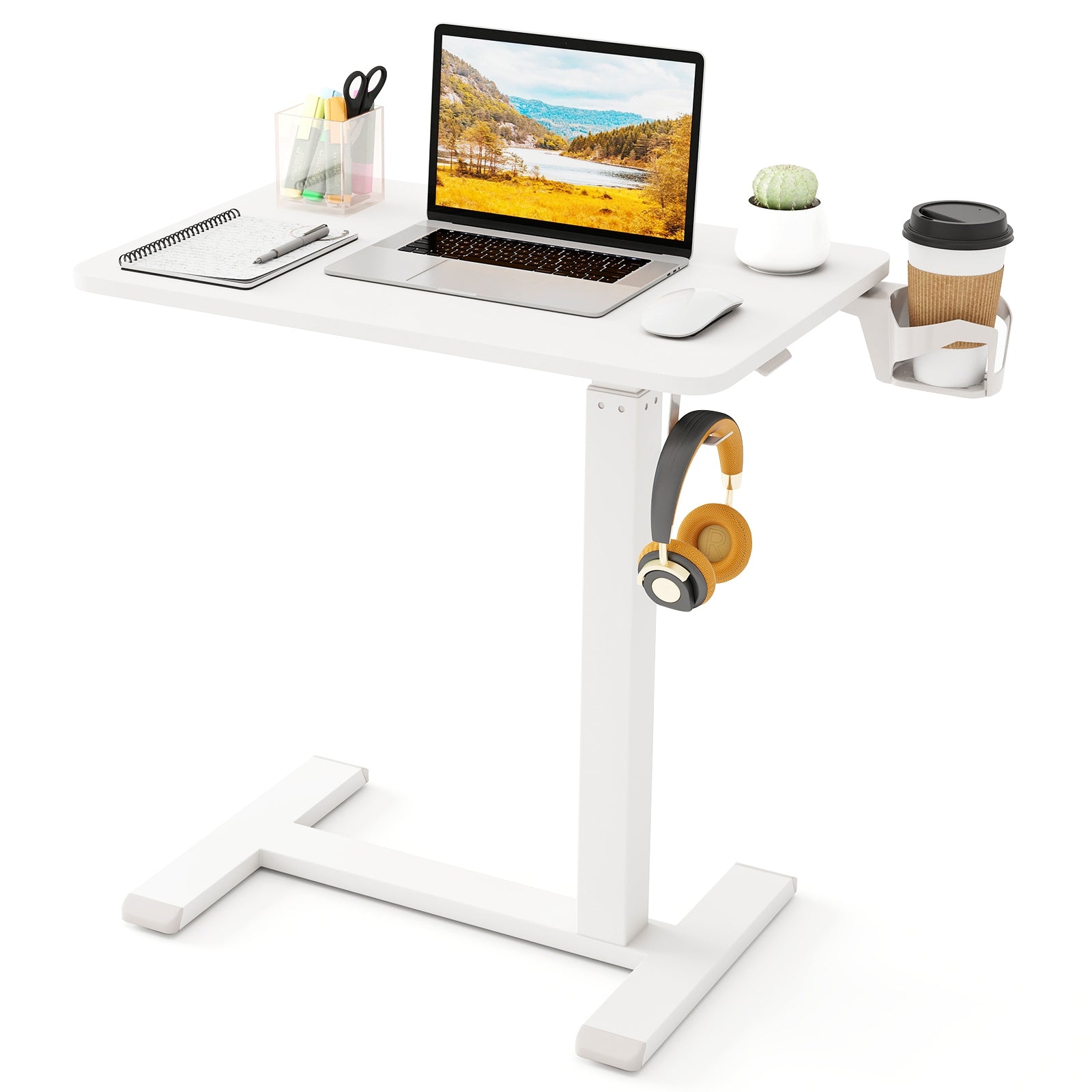 Mobile Standing Desk Height Adjustable Overbed Bedside Table with Cup Holder, White End & Side Tables at Gallery Canada