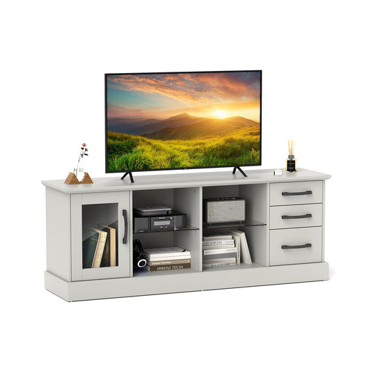 63 Inch Media Console Table, 3 Drawers, 2 Glass Shelves, Gray Entertainment Centers & TV Stands Gray at Gallery Canada