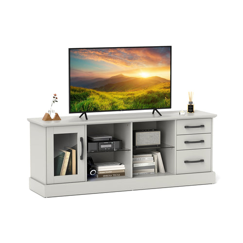 63 Inch Media Console Table, 3 Drawers, 2 Glass Shelves, Gray