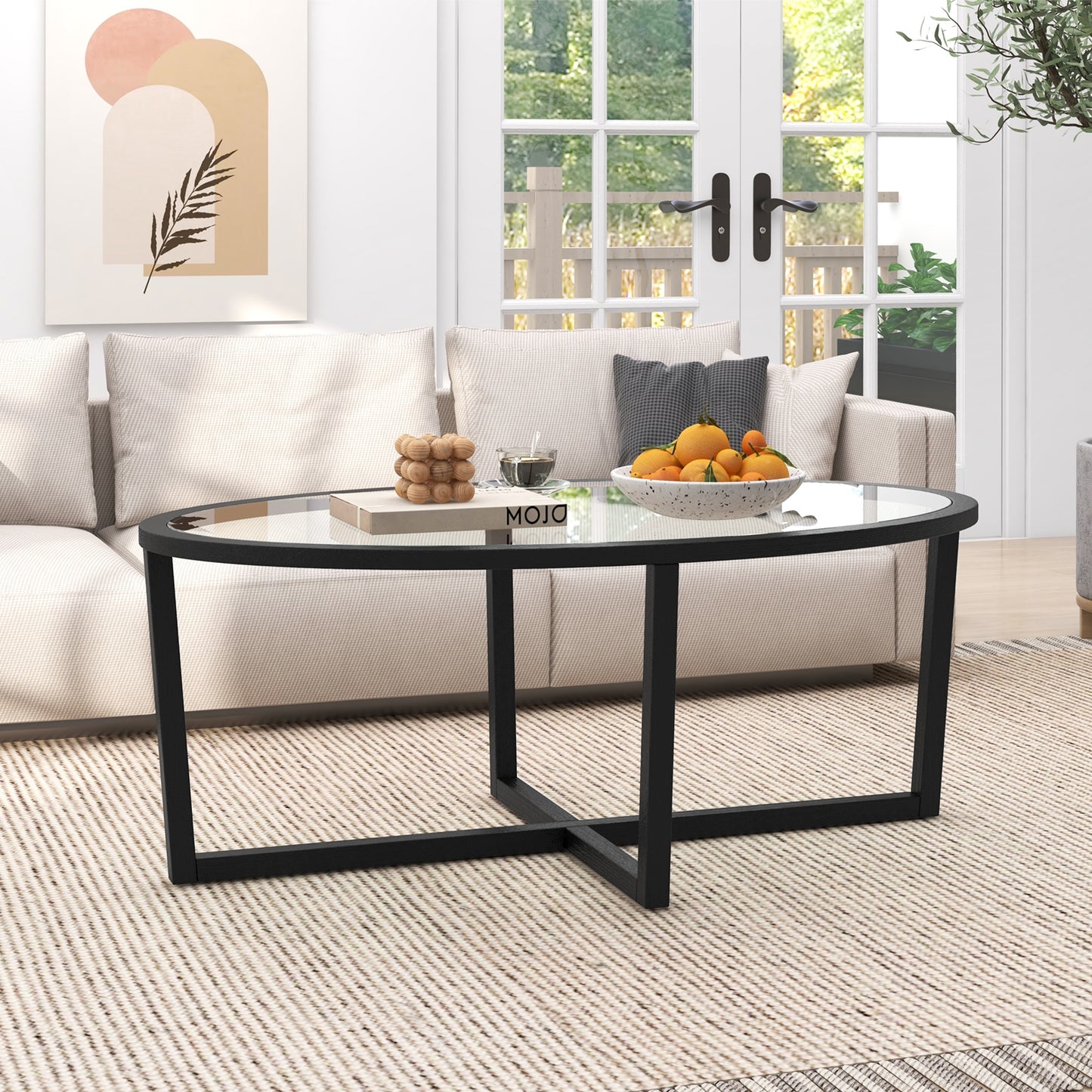 Glass Coffee Table Oval Living Room Table with Cross Base and Acacia Wood Legs, Black Coffee Tables at Gallery Canada