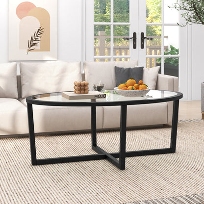 Glass Coffee Table Oval Living Room Table with Cross Base and Acacia Wood Legs, Black Coffee Tables at Gallery Canada