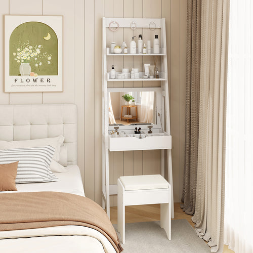 Vanity Desk Set with Flip Top Mirror  Hidden Storage Compartments and Cushioned Stool, White