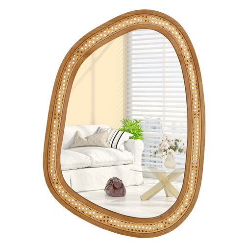 33 Inches x 23.5 Inches Irregular PVC Rattan Wall Mirror, Wooden Frame, Natural
