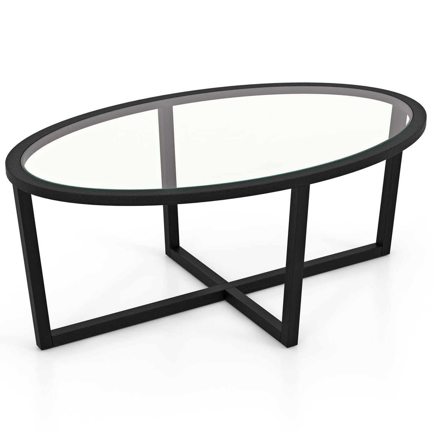 Table basse ovale en verre, base croisée, pieds en bois d'acacia, noir