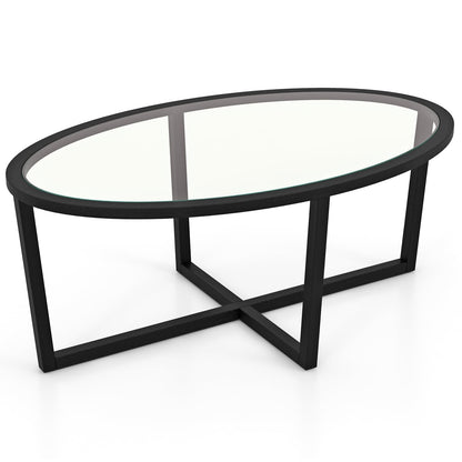 Table basse ovale en verre, base croisée, pieds en bois d'acacia, noir