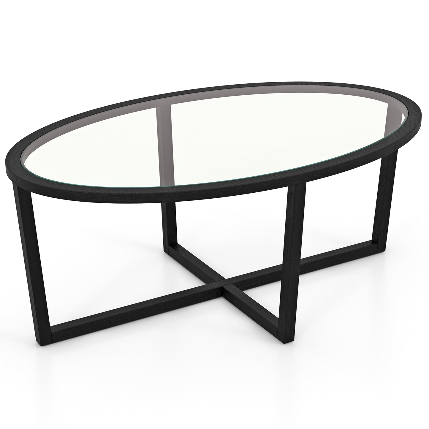 Glass Oval Coffee Table, Cross Base, Acacia Wood Legs, Black Coffee Tables Black at Gallery Canada