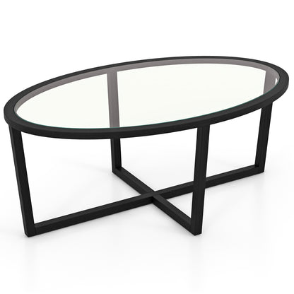 Glass Oval Coffee Table, Cross Base, Acacia Wood Legs, Black Coffee Tables Black at Gallery Canada