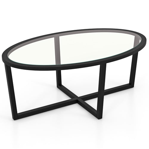 Glass Coffee Table Oval Living Room Table with Cross Base and Acacia Wood Legs, Black