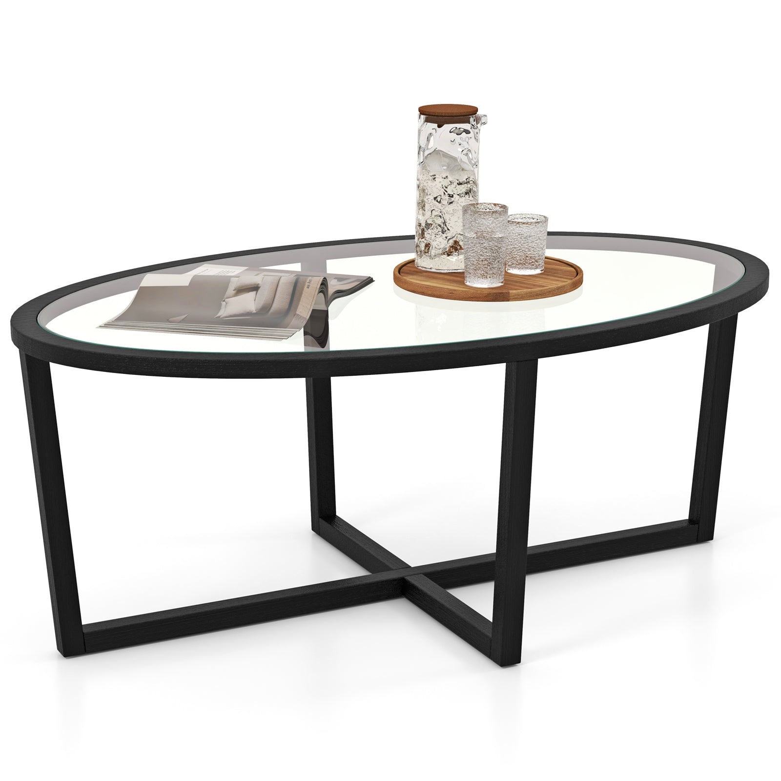 Glass Coffee Table Oval Living Room Table with Cross Base and Acacia Wood Legs, Black Coffee Tables at Gallery Canada