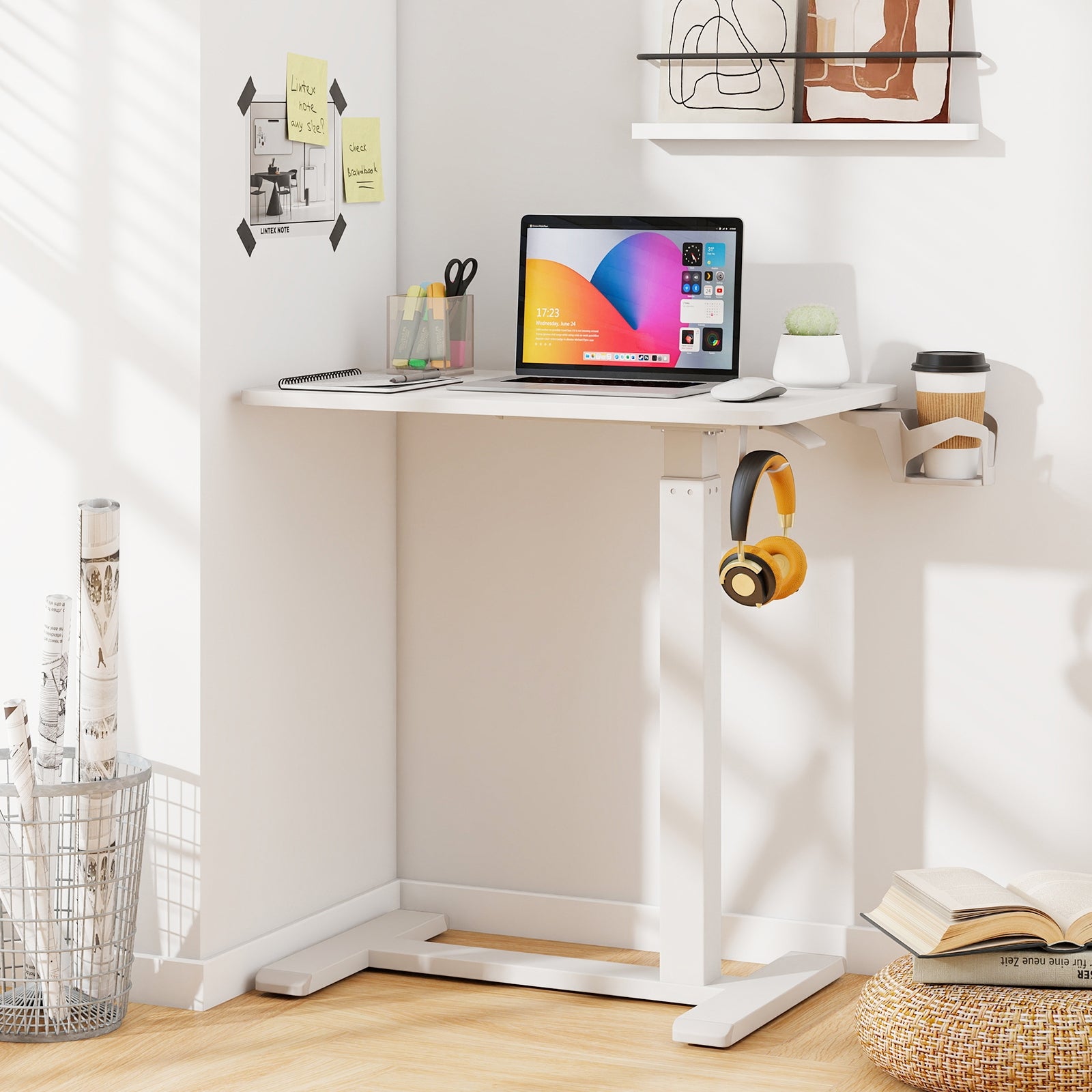 Mobile Standing Desk Height Adjustable Overbed Bedside Table with Cup Holder, White End & Side Tables at Gallery Canada