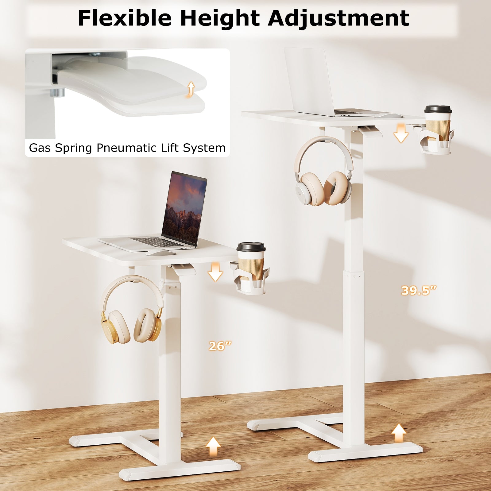 Mobile Standing Desk Height Adjustable Overbed Bedside Table with Cup Holder, White End & Side Tables at Gallery Canada