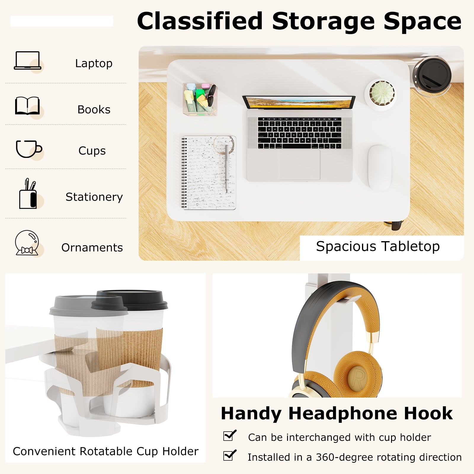 Mobile Standing Desk Height Adjustable Overbed Bedside Table with Cup Holder, White End & Side Tables at Gallery Canada