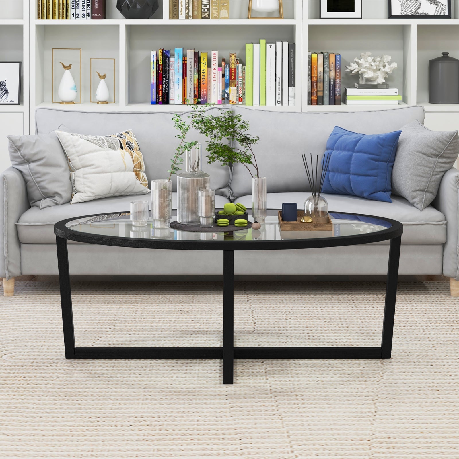 Glass Coffee Table Oval Living Room Table with Cross Base and Acacia Wood Legs, Black Coffee Tables at Gallery Canada