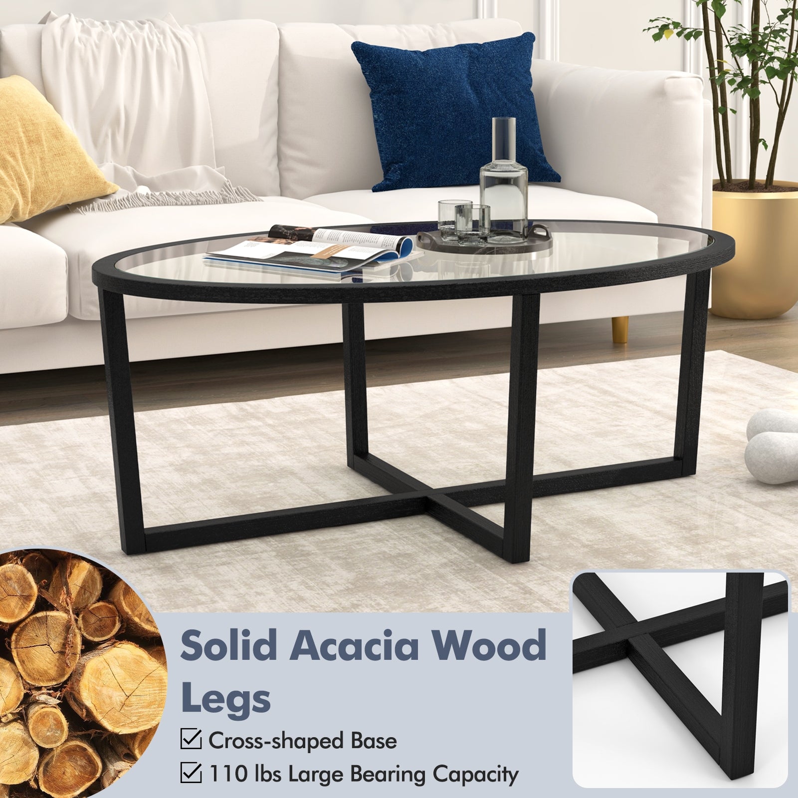 Glass Coffee Table Oval Living Room Table with Cross Base and Acacia Wood Legs, Black Coffee Tables at Gallery Canada