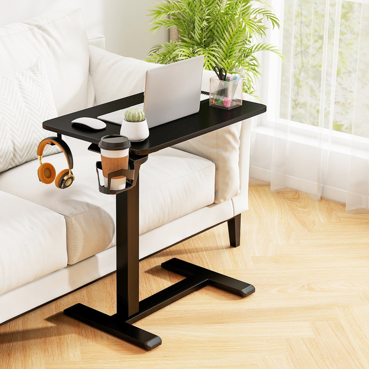 Mobile Standing Desk Height Adjustable Overbed Bedside Table with Cup Holder, Black End & Side Tables at Gallery Canada