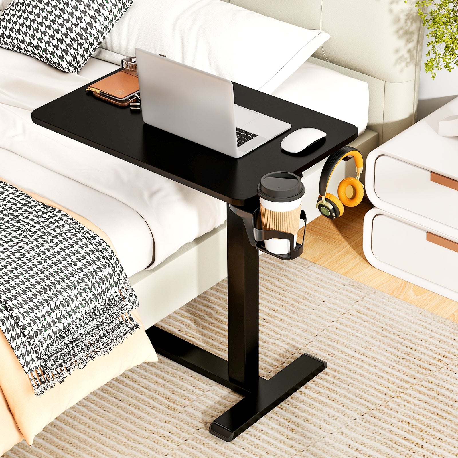 Mobile Standing Desk Height Adjustable Overbed Bedside Table with Cup Holder, Black End & Side Tables at Gallery Canada