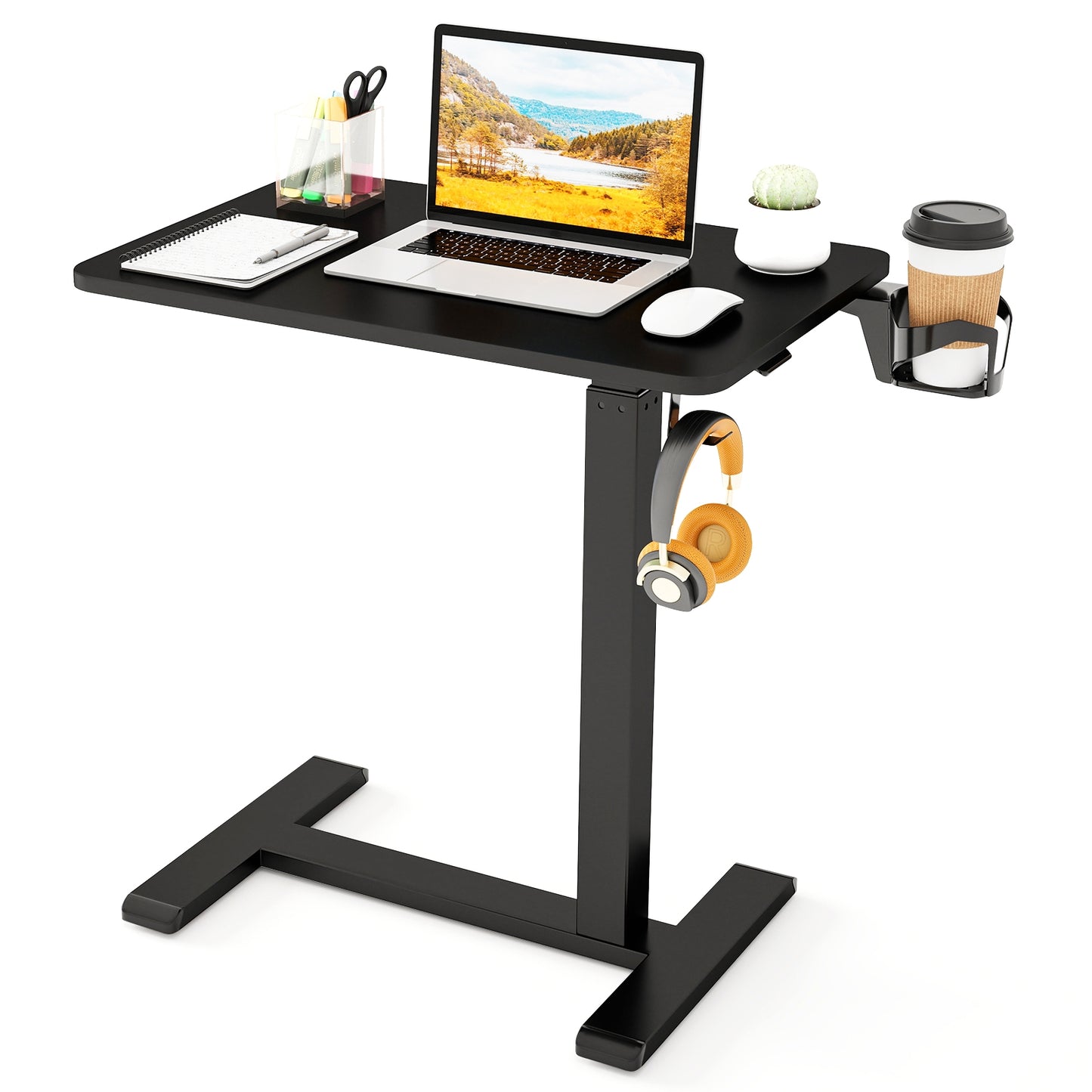 Mobile Standing Desk Height Adjustable Overbed Bedside Table with Cup Holder, Black End & Side Tables at Gallery Canada