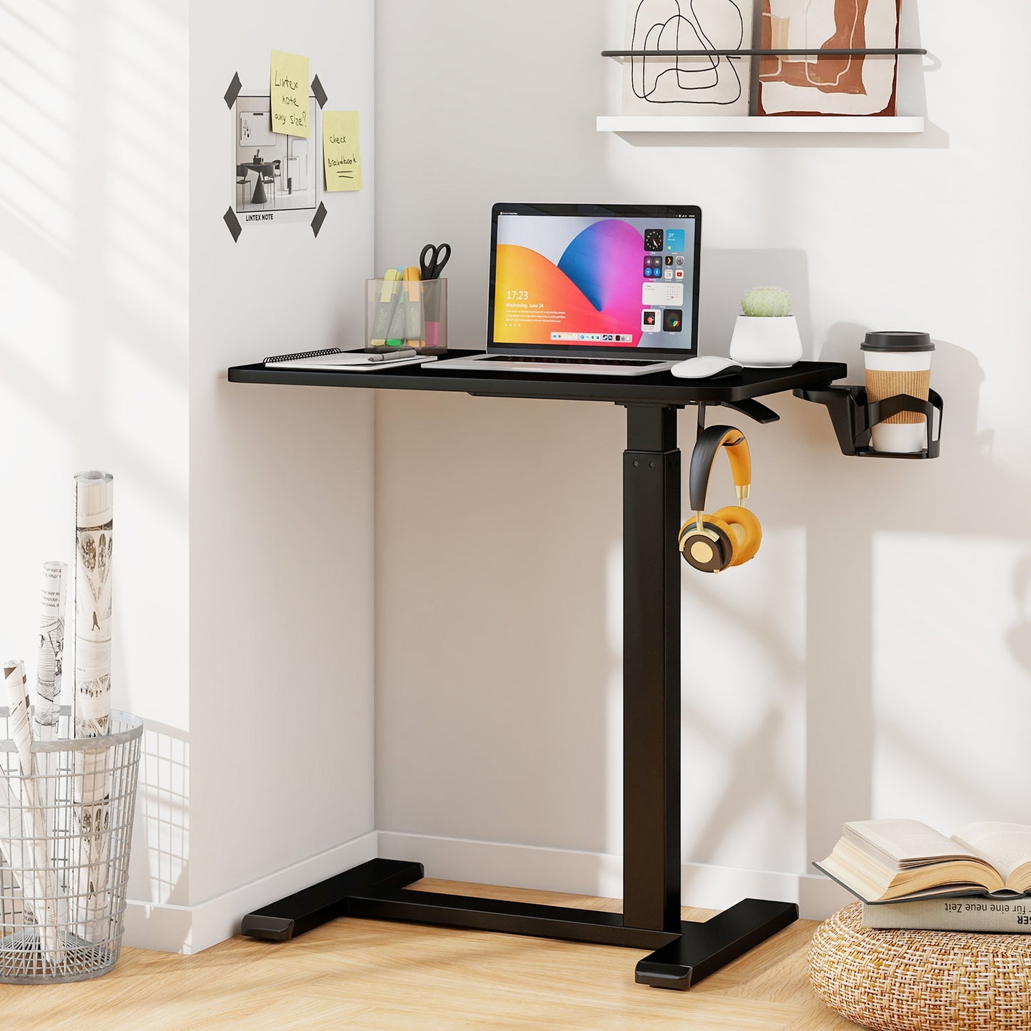 Mobile Standing Desk Height Adjustable Overbed Bedside Table with Cup Holder, Black End & Side Tables at Gallery Canada