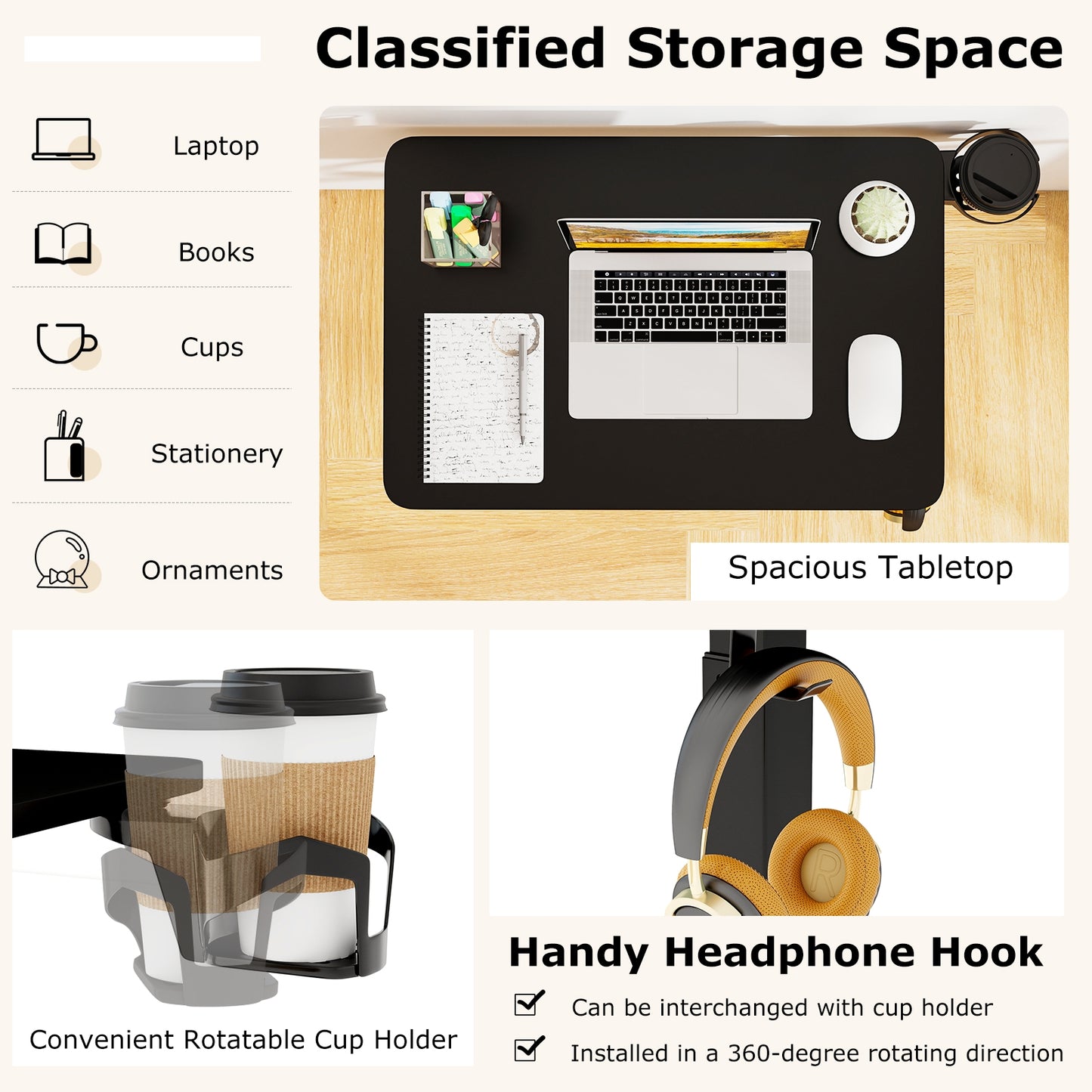 Mobile Standing Desk Height Adjustable Overbed Bedside Table with Cup Holder, Black End & Side Tables at Gallery Canada