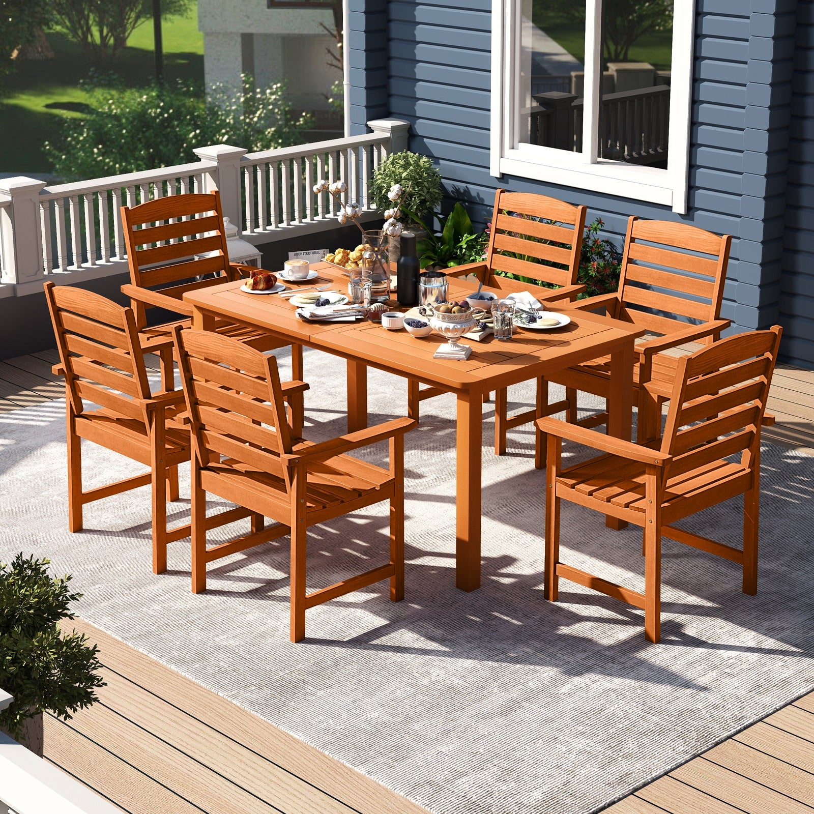 7 Pcs Outdoor Dining Set Teak Oil Finish Slatted Rectangular Dining Table and 6 Armchairs, Natural Patio Conversation Sets at Gallery Canada