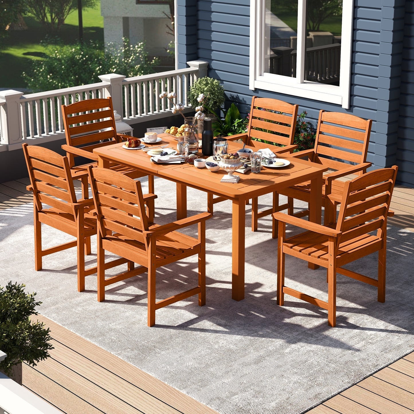 7 Pcs Outdoor Dining Set Teak Oil Finish Slatted Rectangular Dining Table and 6 Armchairs, Natural Patio Conversation Sets at Gallery Canada