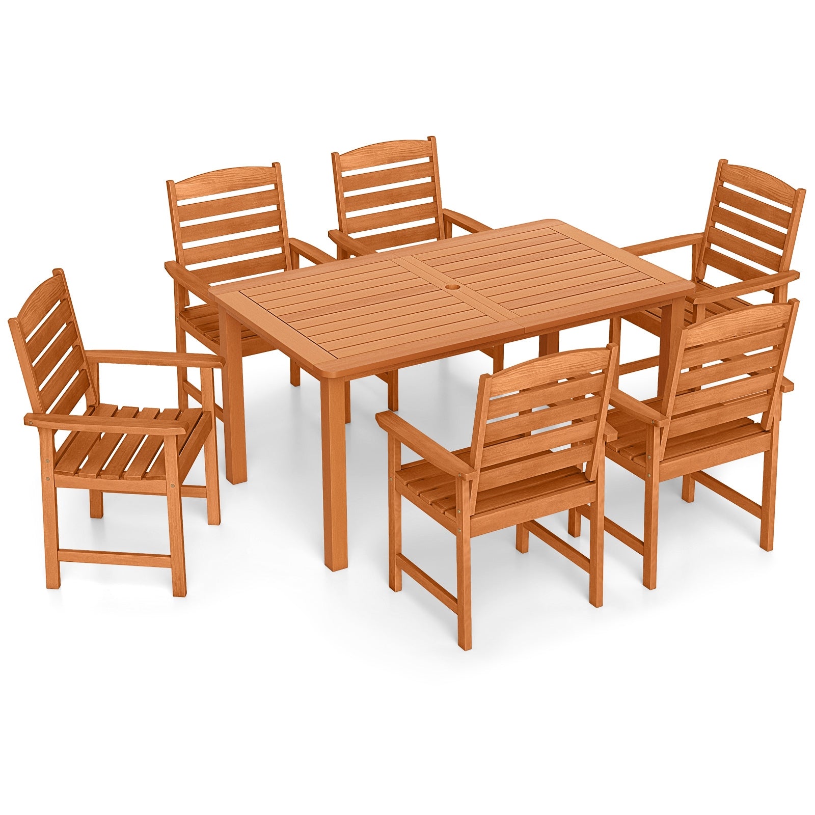7 Pcs Outdoor Dining Set, Teak Oil Finish, Slatted Rectangular Table, 6 Armchairs, Natural Patio Conversation Sets at Gallery Canada