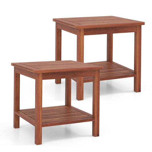 Set of 2 Double-Tier Acacia Wood Patio Side Table with Slatted Tabletop and Shelf, Natural Patio Coffee Tables Natural at Gallery Canada