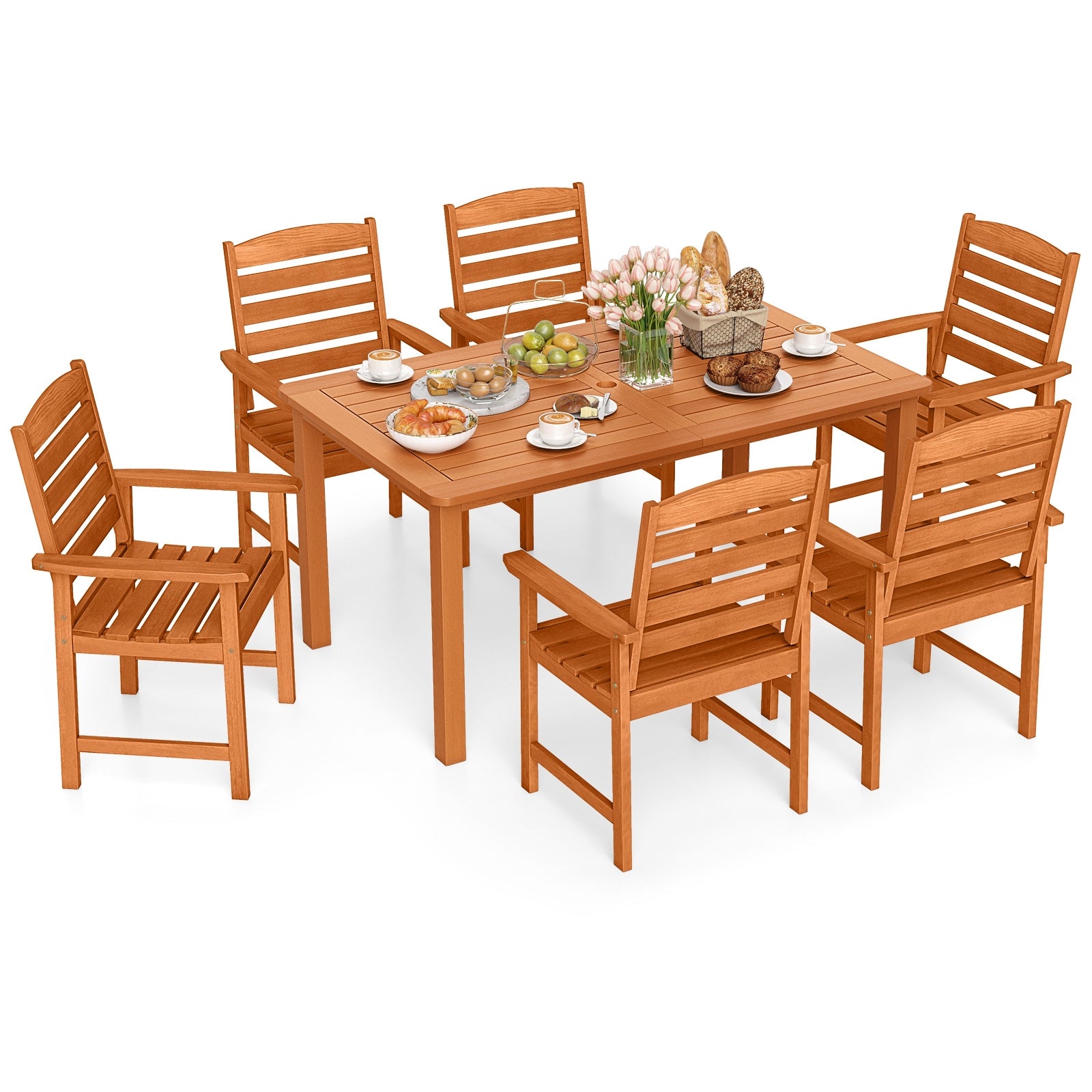7 Pcs Outdoor Dining Set Teak Oil Finish Slatted Rectangular Dining Table and 6 Armchairs, Natural Patio Conversation Sets at Gallery Canada