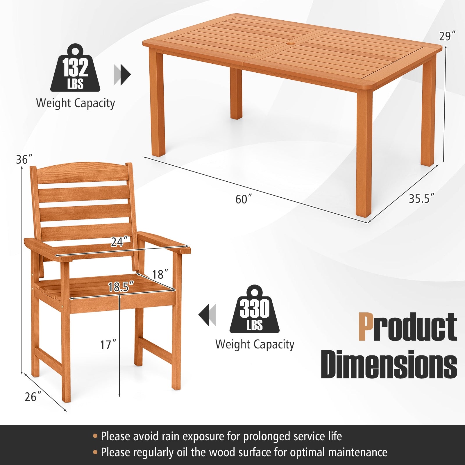 7 Pcs Outdoor Dining Set Teak Oil Finish Slatted Rectangular Dining Table and 6 Armchairs, Natural Patio Conversation Sets at Gallery Canada