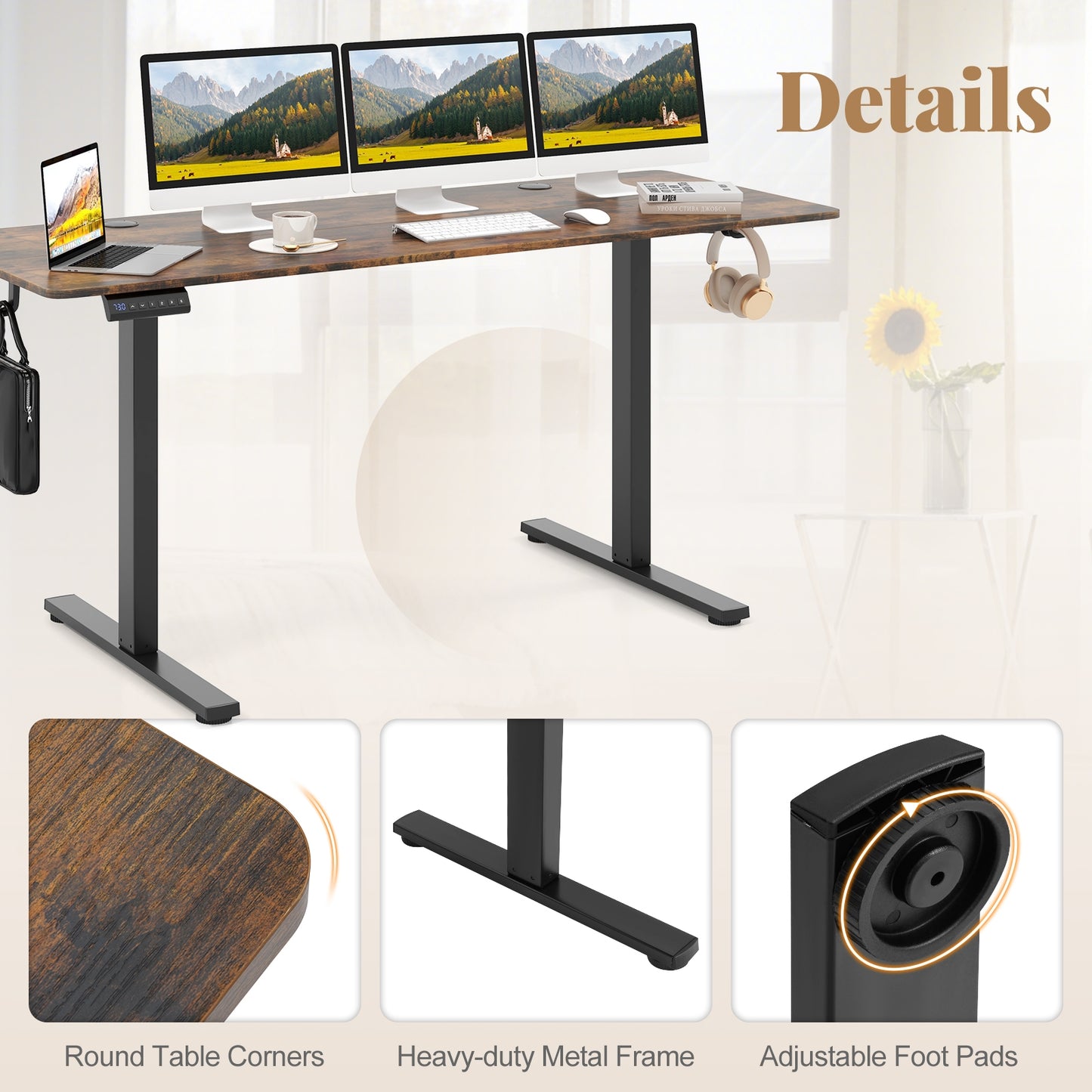 Electric Standing Desk, 3 Memory Heights, Brown Standing Desks at Gallery Canada
