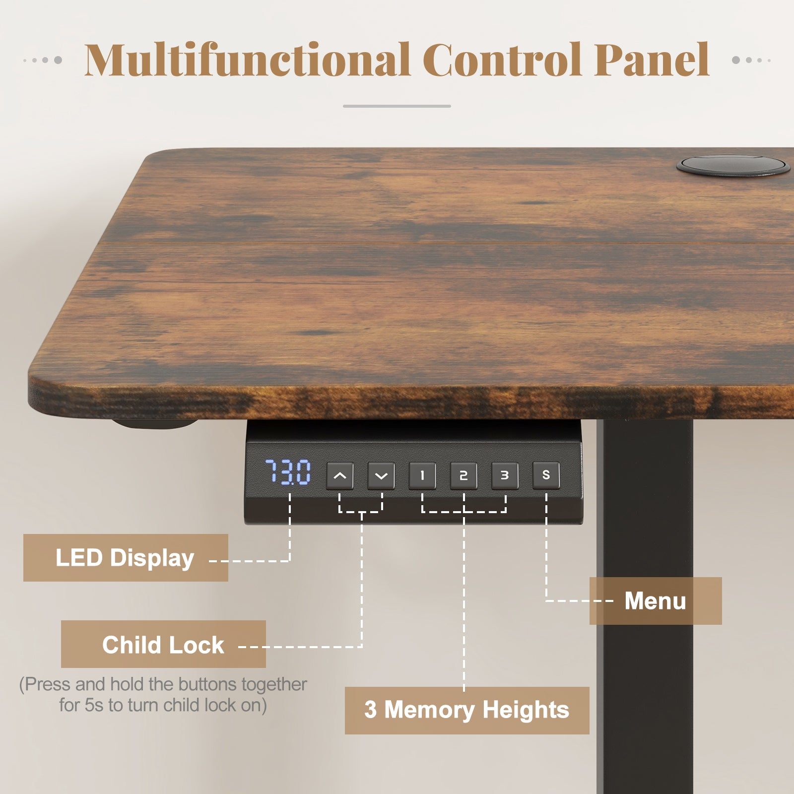 Electric Standing Desk, 3 Memory Heights, Brown Standing Desks at Gallery Canada