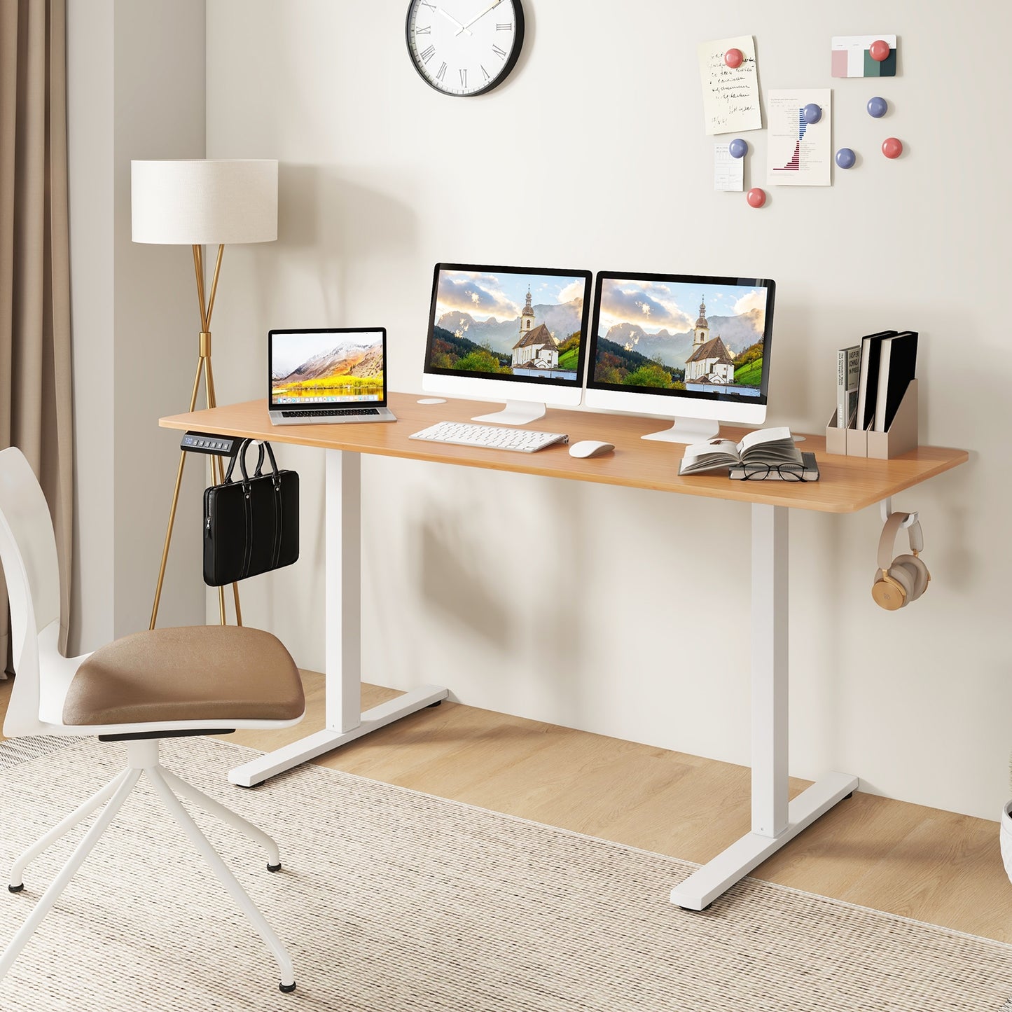Electric Standing Desk, 3 Memory Heights, 2 Hanging Hooks, Cable Holes, Natural Standing Desks at Gallery Canada