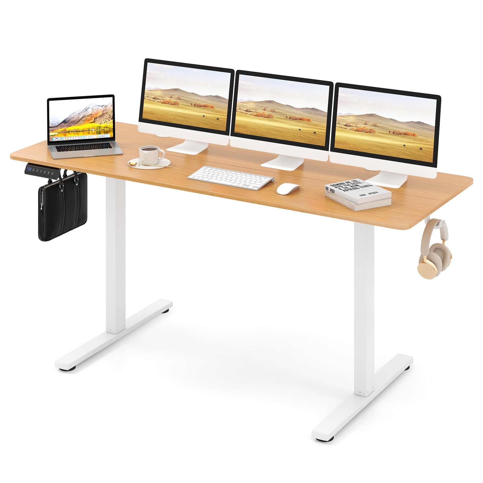 Electric Standing Desk, 3 Memory Heights, 2 Hanging Hooks, Cable Holes, Natural Standing Desks at Gallery Canada