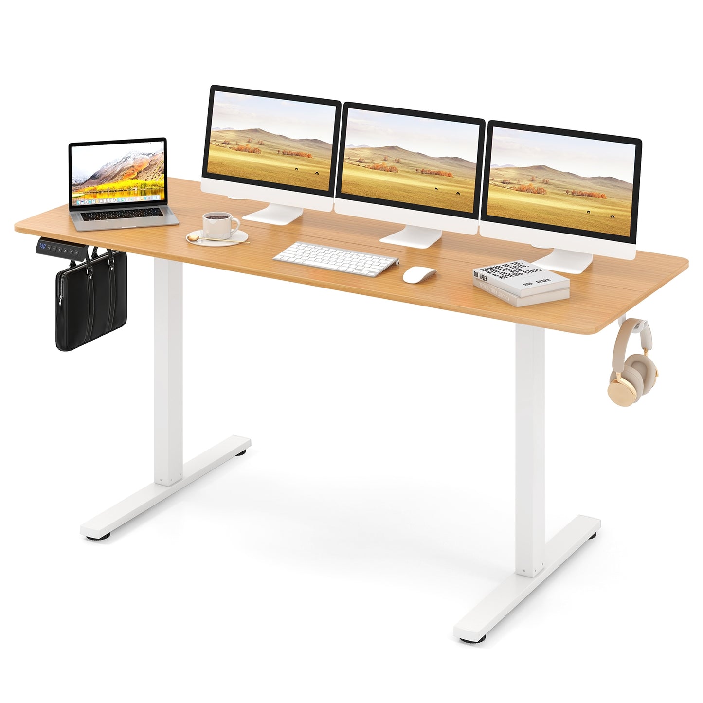 Electric Standing Desk, 3 Memory Heights, 2 Hanging Hooks, Cable Holes, Natural Standing Desks at Gallery Canada